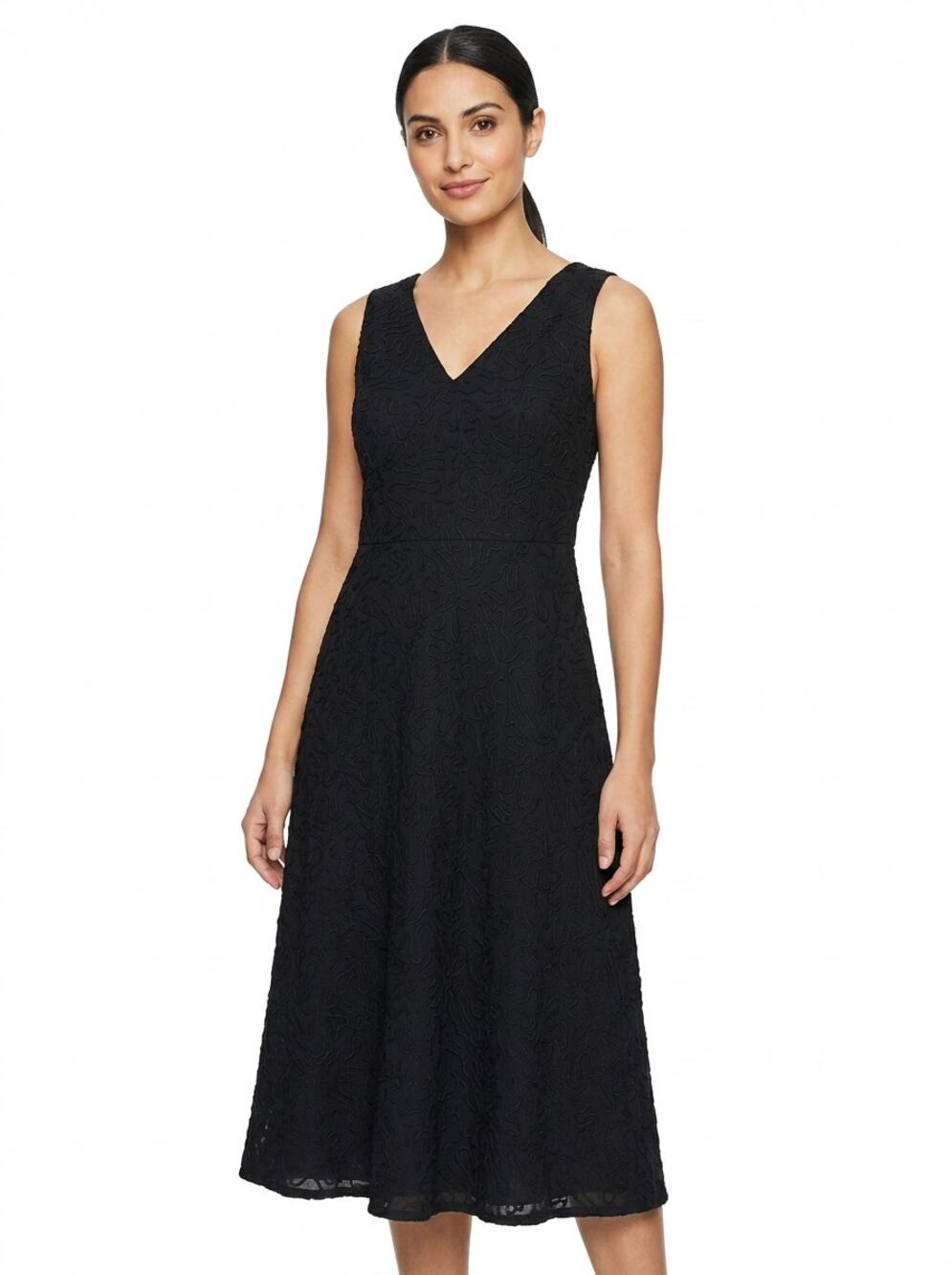 Charter Club Silk  Black A-Line Midi Lined Embroidered Dress Women Size 8P